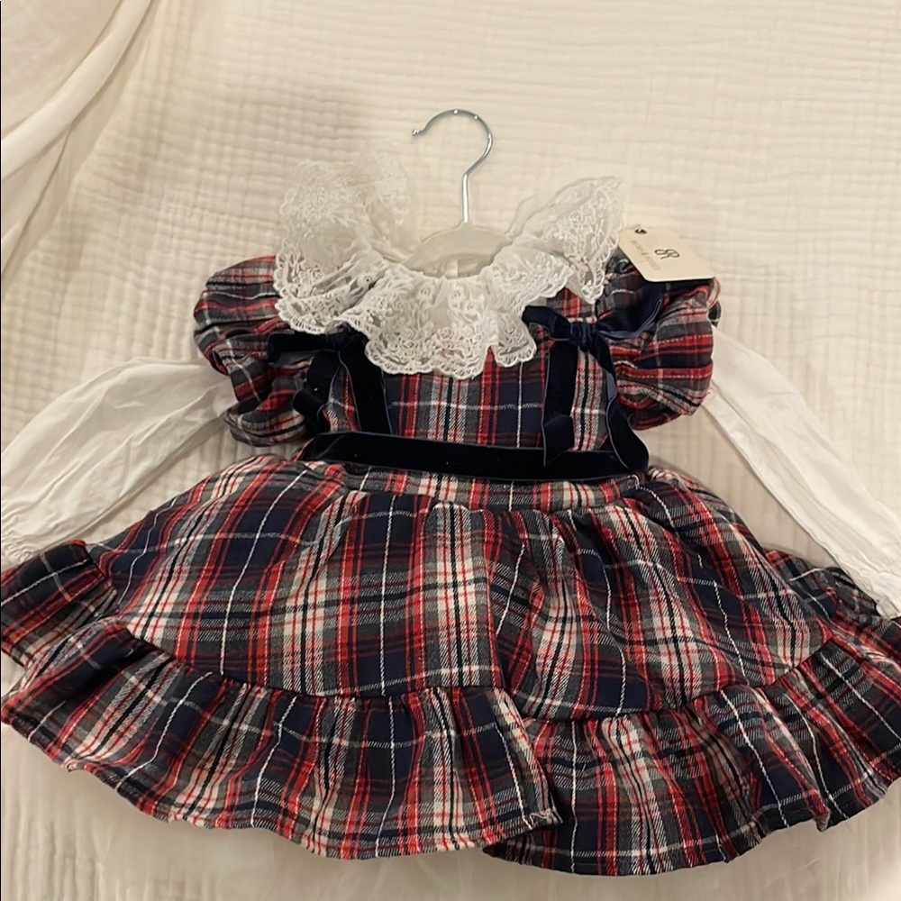 Plaid Dress with tulle skirt, white cotton undershirt with Lace Collar included